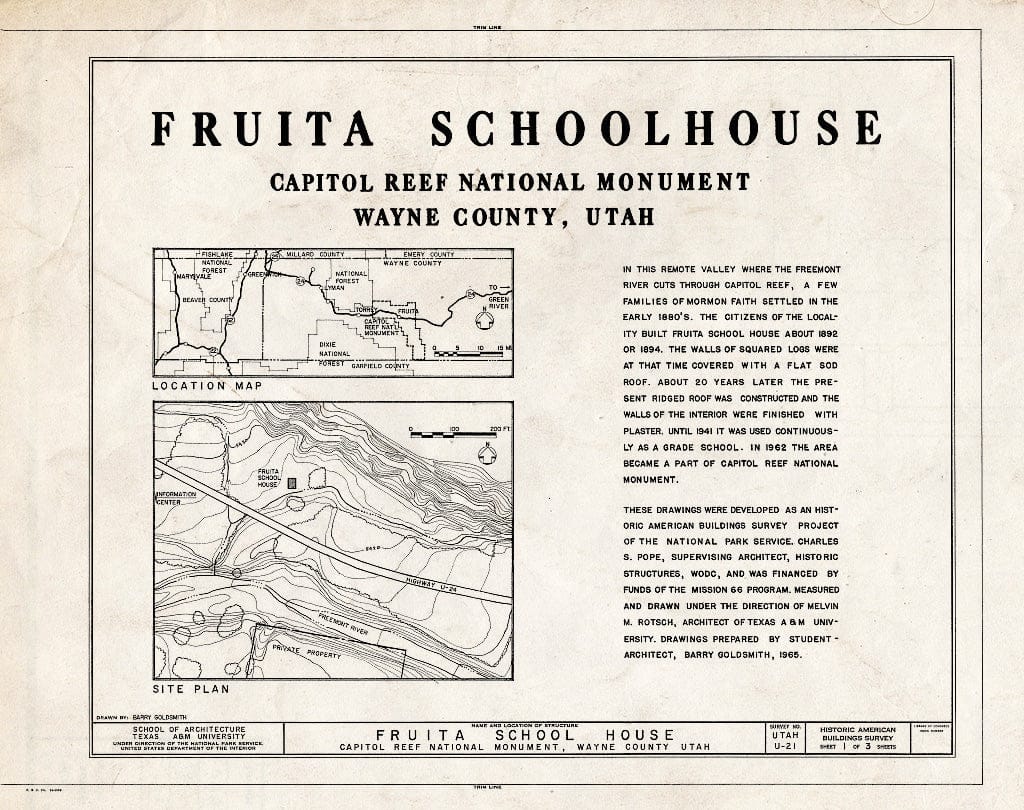 Blueprint 1. Cover Sheet with Location map and site Plan - Fruita School House, State Route 24, Fruita, Wayne County, UT