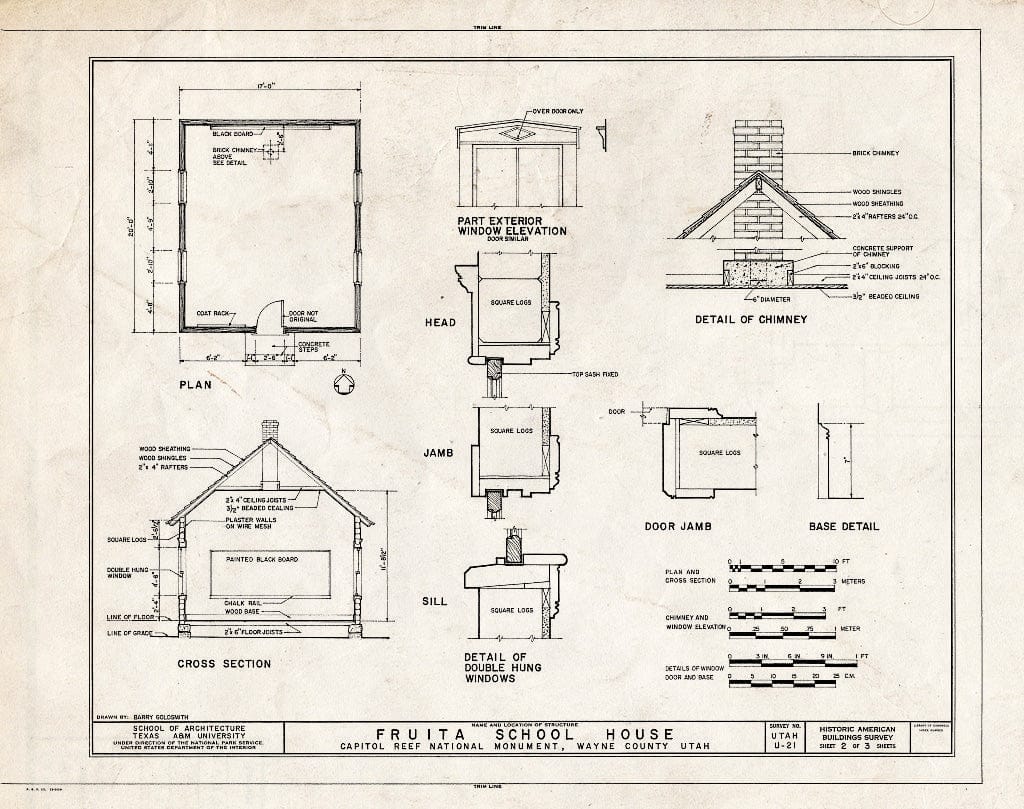 Blueprint 2. Plan, Cross Section, Details - Fruita School House, State Route 24, Fruita, Wayne County, UT