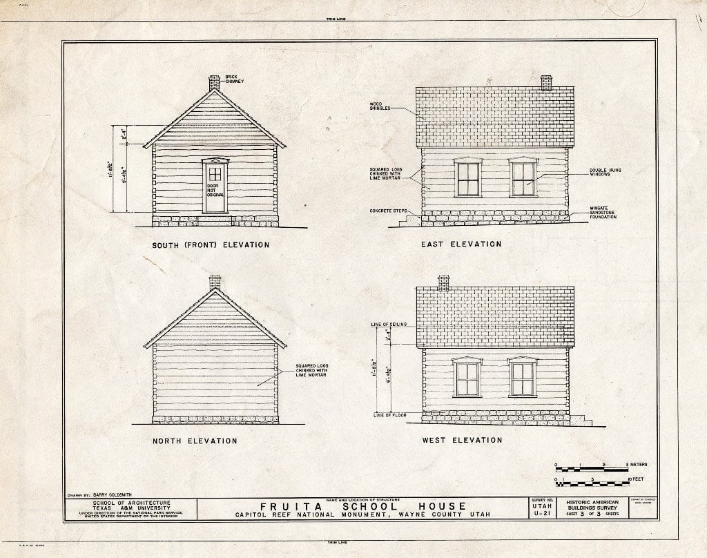 Blueprint 3. Elevations - Fruita School House, State Route 24, Fruita, Wayne County, UT