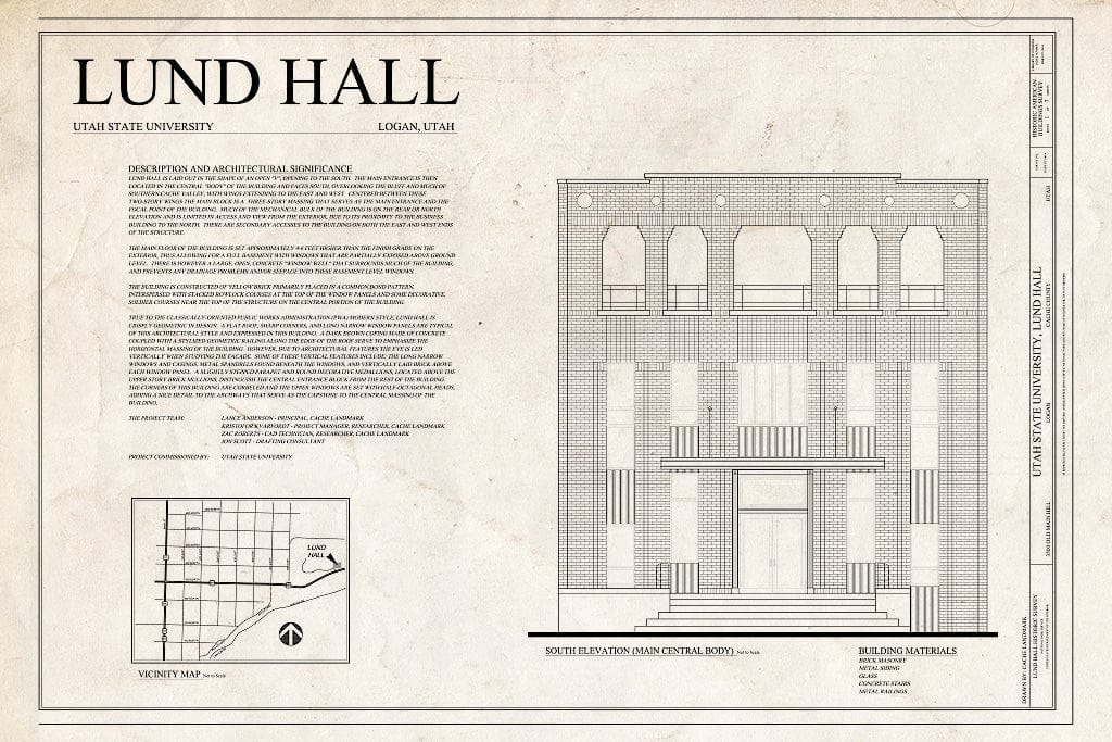 Blueprint Cover Sheet - Utah State University, Lund Hall, 3500 Old Main Hill, Logan, Cache County, UT