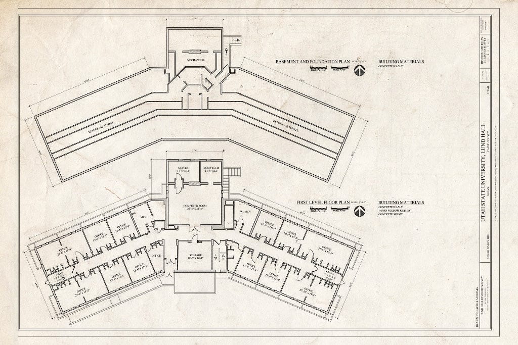 Blueprint Basement and Foundation Plan, First Level Floor Plan - Utah State University, Lund Hall, 3500 Old Main Hill, Logan, Cache County, UT