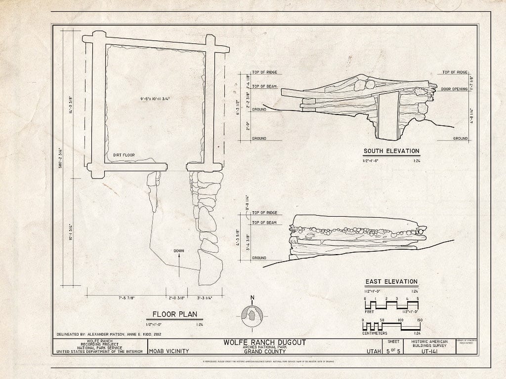 Blueprint Dugout Floor Plan, South Elevation, East Elevation - Wolfe Ranch, Moab, Grand County, UT