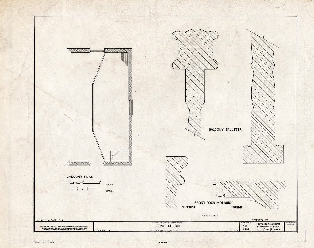 Blueprint Balcony Plan, Detail of Balcony Baluster, and Door moldings - Cove Presbyterian Church, U.S. Route 29, Covesville, Albemarle County, VA