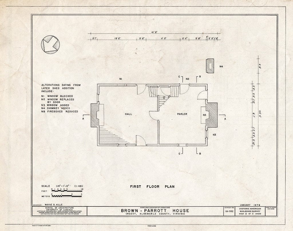 Blueprint First Floor Plan - Brown-Parrott House, State Route 680, Crozet, Albemarle County, VA