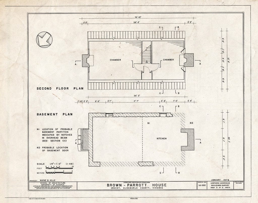 Blueprint Basement and Second Floor Plans - Brown-Parrott House, State Route 680, Crozet, Albemarle County, VA