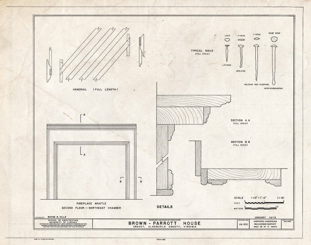 Blueprint Details Including Fireplace Mantle, handrail, and Typical Nails - Brown-Parrott House, State Route 680, Crozet, Albemarle County, VA