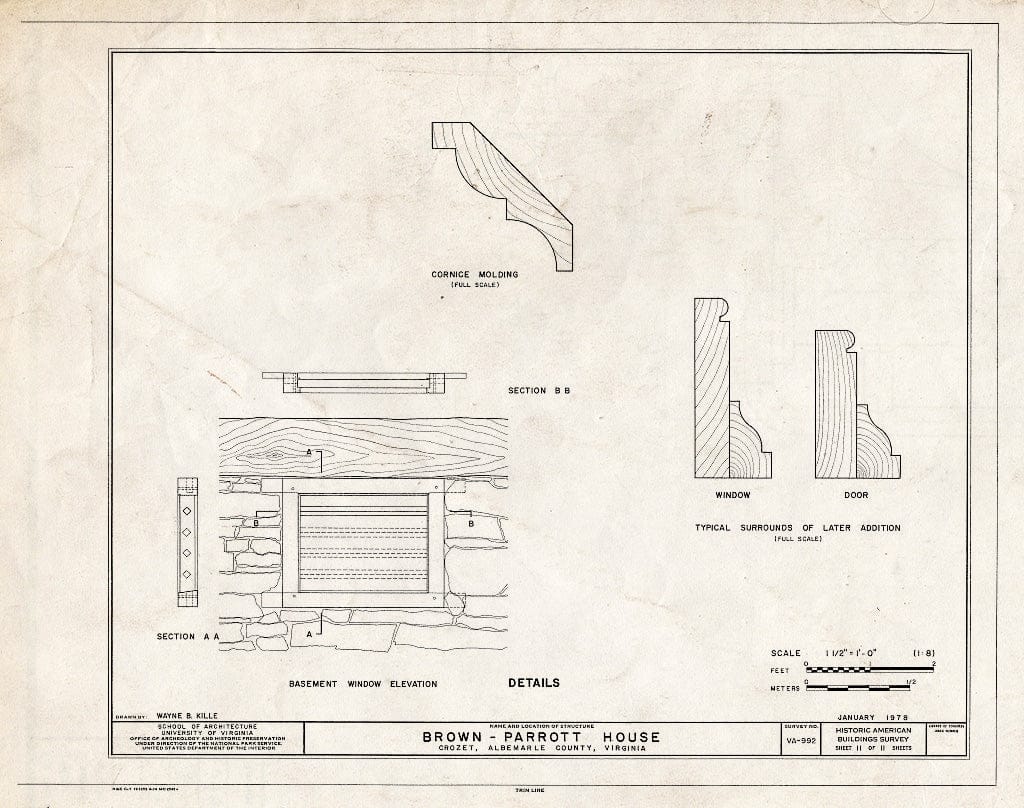 Blueprint Details Including The Basement Window Elevation, Cornice molding, and Typical surrounds - Brown-Parrott House, State Route 680, Crozet, Albemarle County, VA