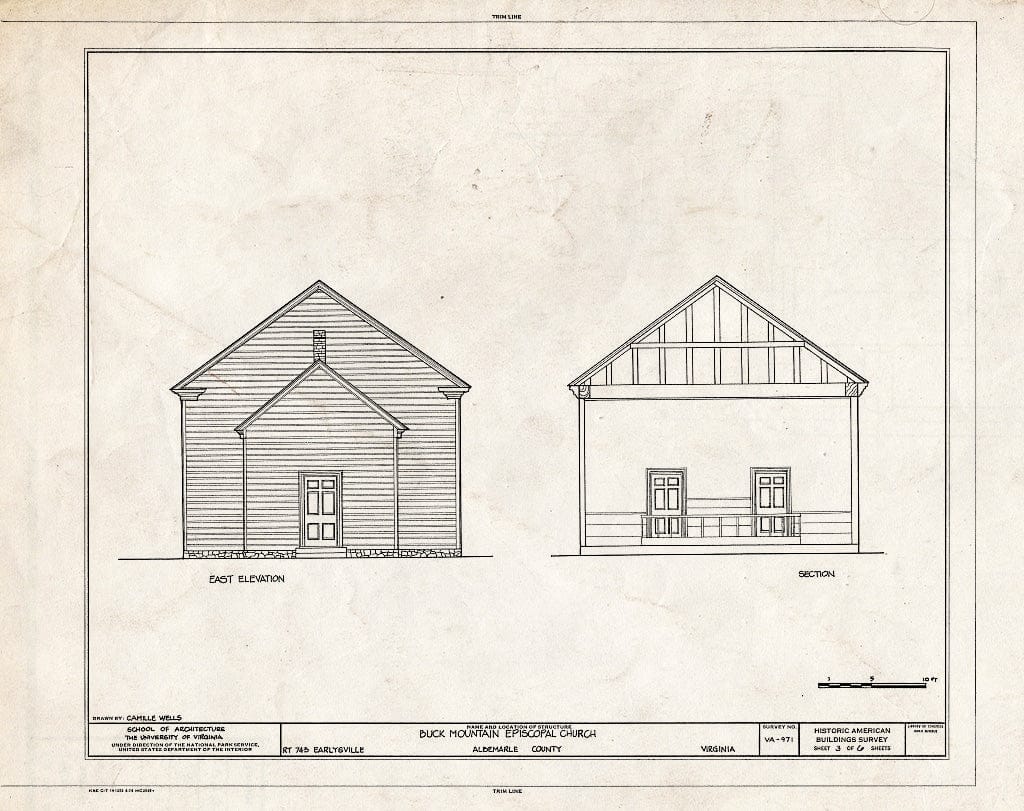 Blueprint East Elevation and Section - Buck Mountain Episcopal Church, State Route 743, Earlysville, Albemarle County, VA