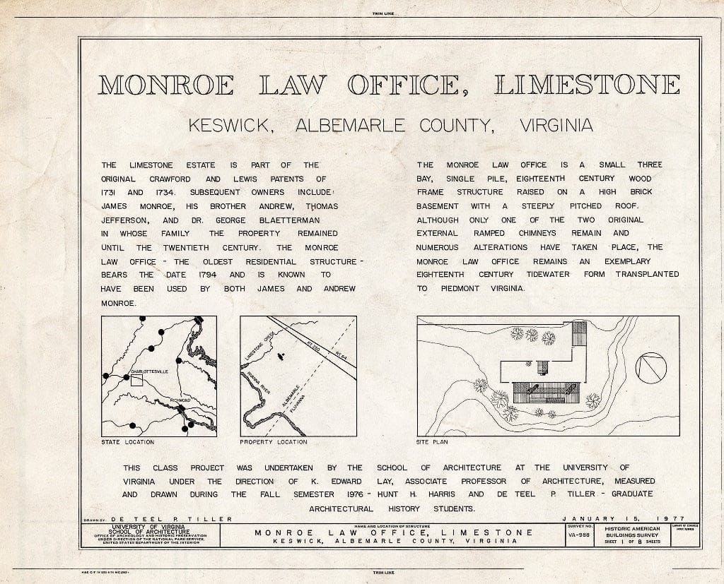 Blueprint Location maps, site Plan, and Statement of Significance - Monroe Law Office, Limestone Plantation, Virginia Route 250, Keswick, Albemarle County, VA