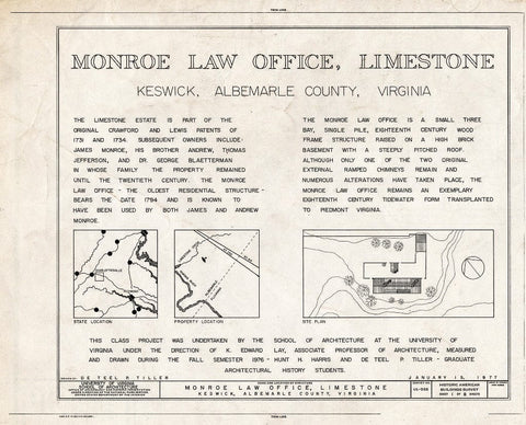 Blueprint Location maps, site Plan, and Statement of Significance - Monroe Law Office, Limestone Plantation, Virginia Route 250, Keswick, Albemarle County, VA