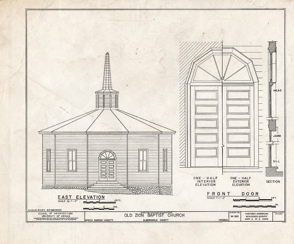 Blueprint East Elevation and Detail of Front Door - Old Zion Baptist Church, U.S. Route 29, North Garden, Albemarle County, VA