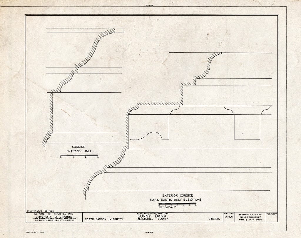 Blueprint Details, cornice in the entrance hall and exterior cornice on east, south and west elevations - Sunny Bank, State Route 712 vicinity, North Garden, Albemarle County, VA