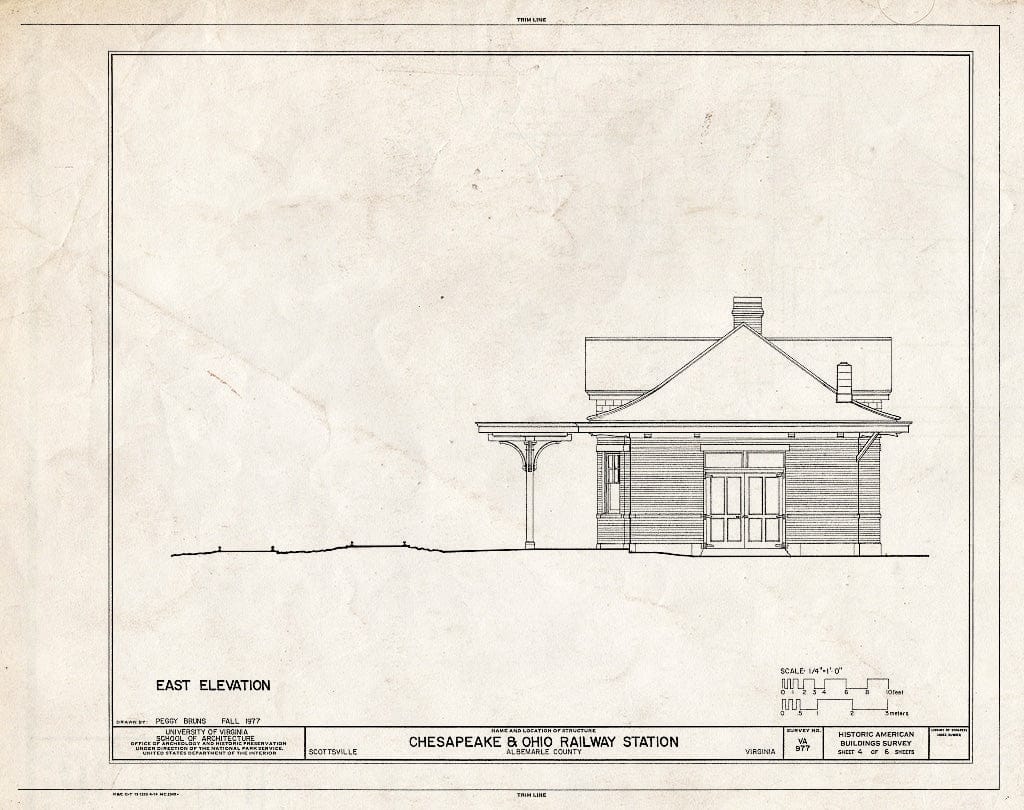 Blueprint East Elevation - Chesapeake & Ohio Railway Station, Main Street Between Union & Ferry Streets, Scottsville, Albemarle County, VA