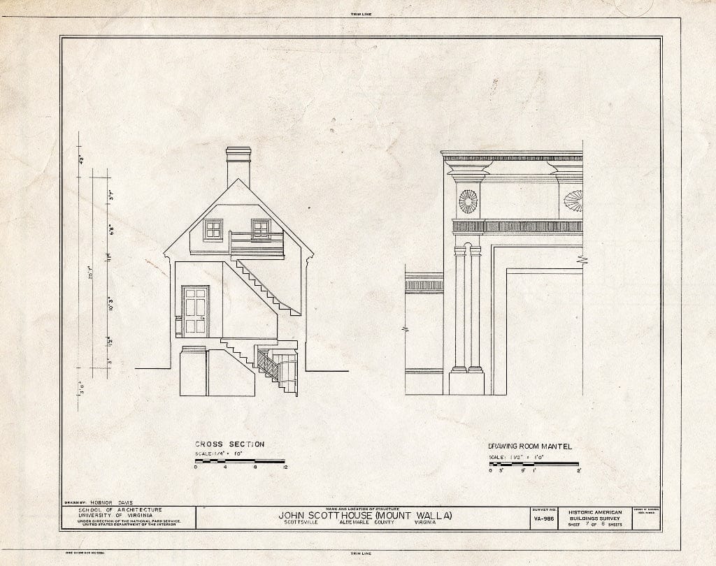 Blueprint Cross Section and Drawing Room Mantel - John Scott House, Jackson Street, Scottsville, Albemarle County, VA