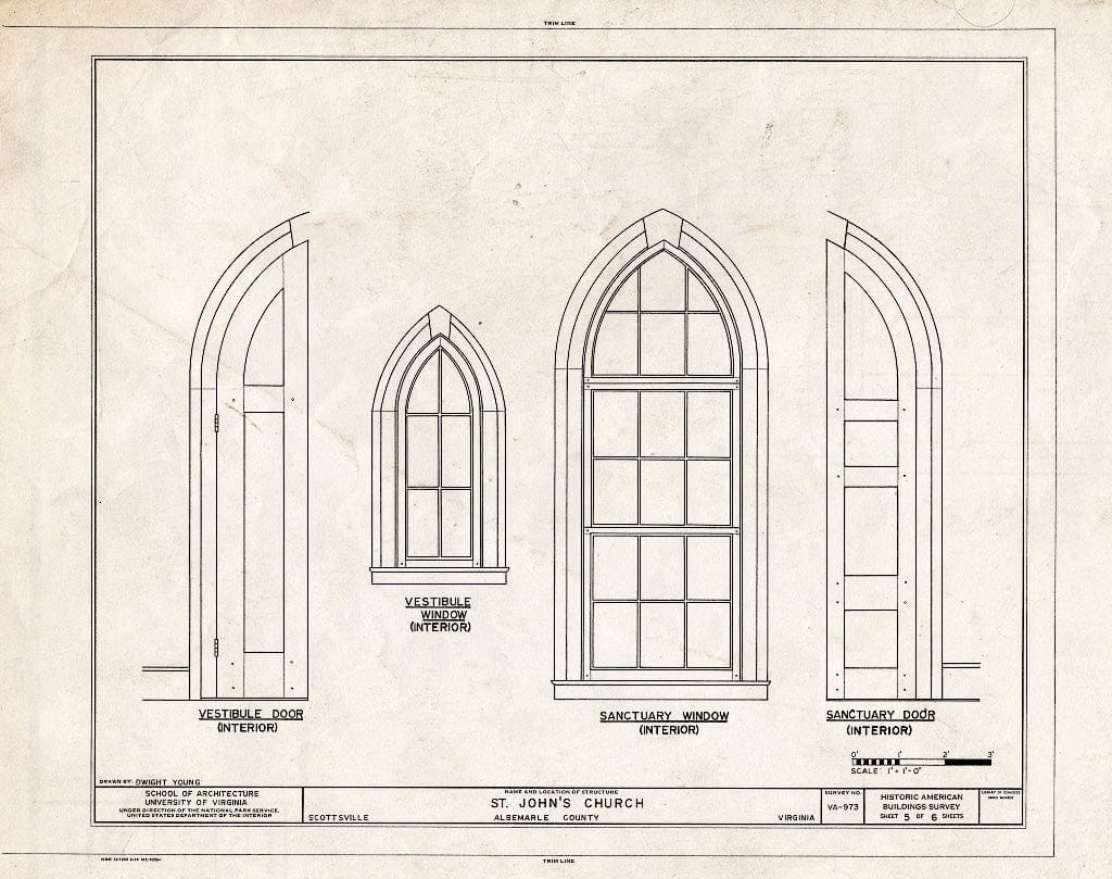 Blueprint Door and Window Details - St. John's Church (Episcopal), Harrison & Bird Streets, Scottsville, Albemarle County, VA