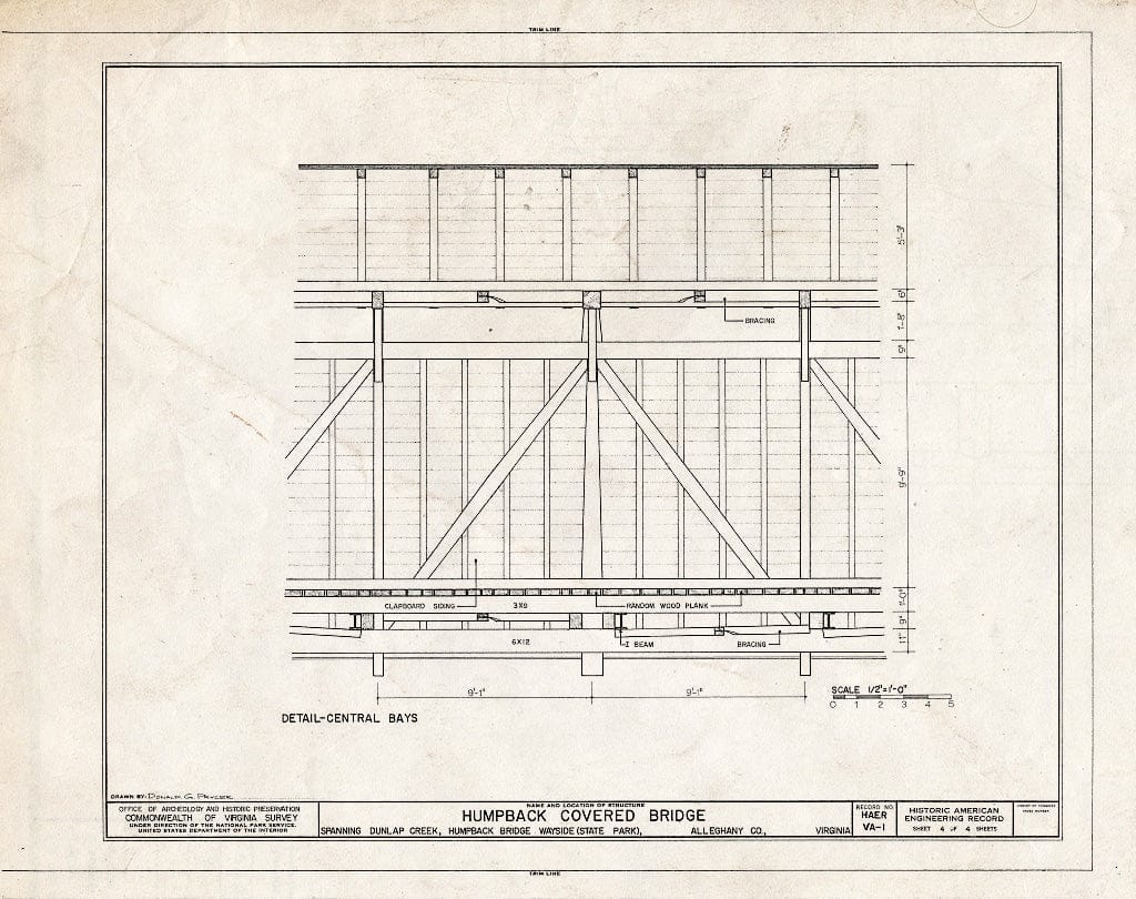 Blueprint Detail-Central Bays - Humpback Covered Bridge, Humpback Bridge Wayside Park, Spanning Dunlap Creek, Covington, Covington, VA