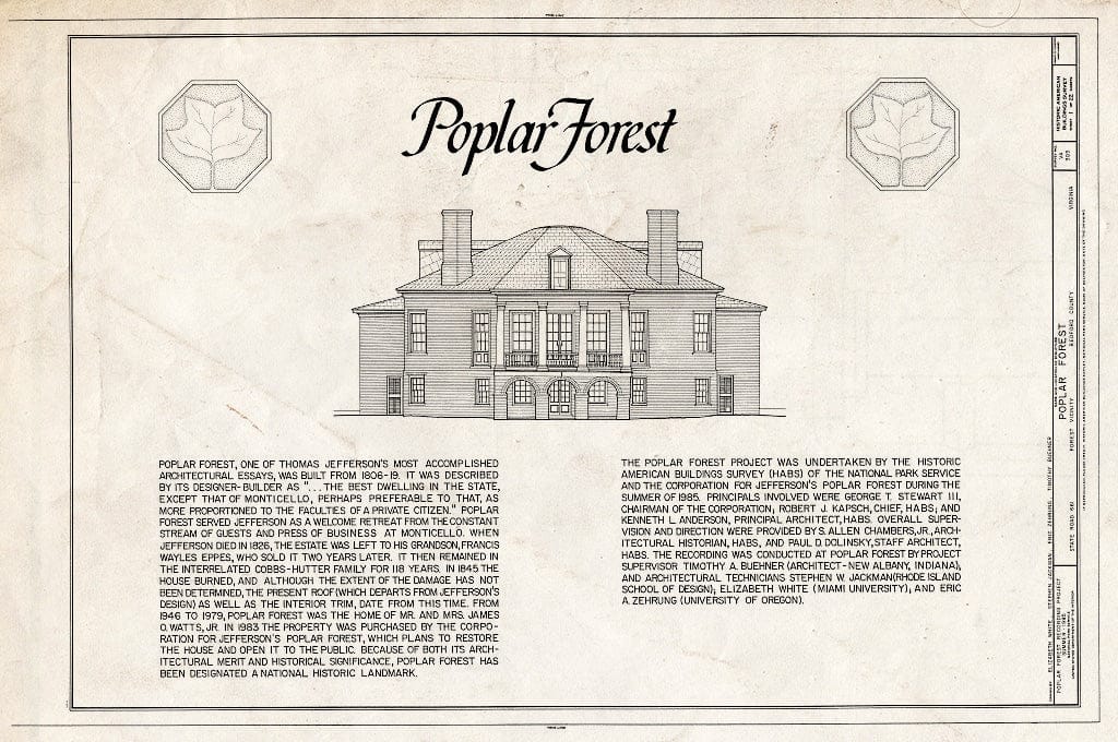 Blueprint 1. Cover Sheet - Poplar Forest, State Route 661, Forest, Bedford County, VA