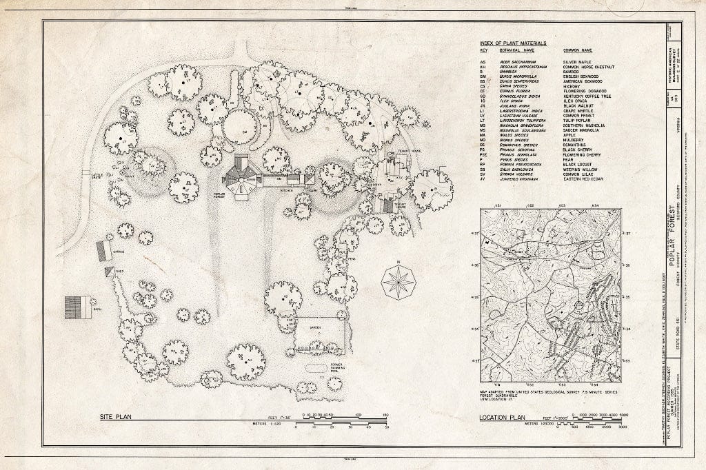 Blueprint 2. Site and Location Plans, and Index of Plant Materials - Poplar Forest, State Route 661, Forest, Bedford County, VA