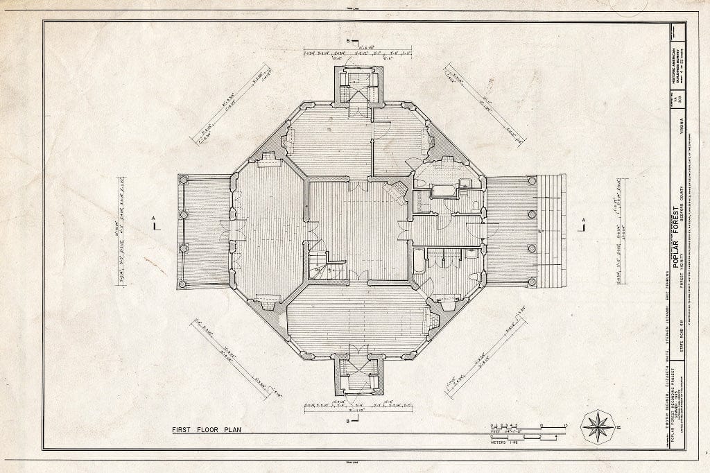 Blueprint 4. First Floor Plan - Poplar Forest, State Route 661, Forest, Bedford County, VA