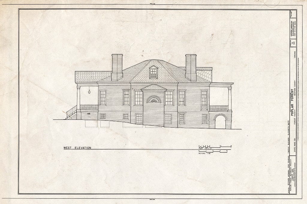 Blueprint 10. West Elevation - Poplar Forest, State Route 661, Forest, Bedford County, VA