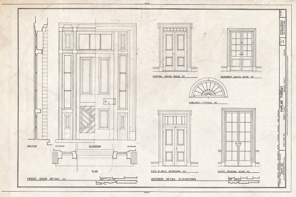 Blueprint 14. Front Door Detail, Interior Doors, and Typical fanlight - Poplar Forest, State Route 661, Forest, Bedford County, VA