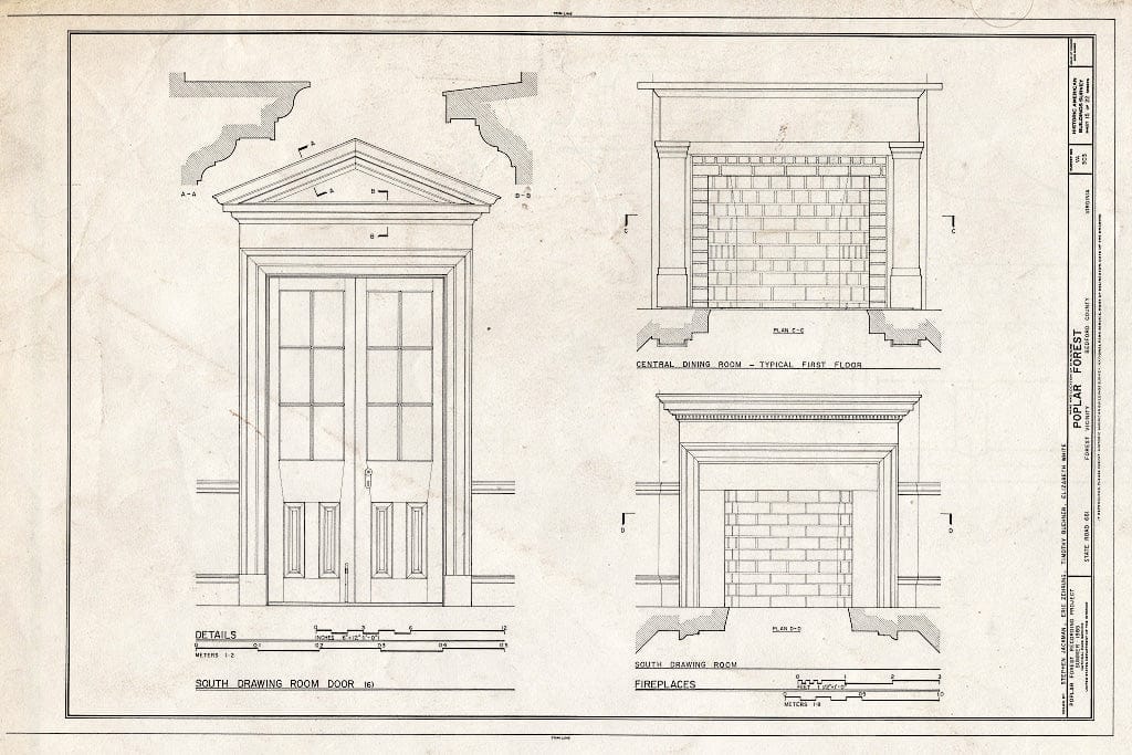 Blueprint 15. South Drawing Room Door; fireplaces (Central Dining Room and South Drawing Room) - Poplar Forest, State Route 661, Forest, Bedford County, VA