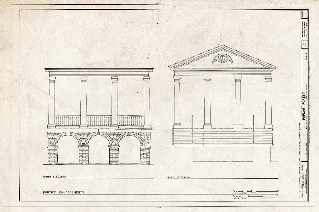 Blueprint 17. Portico: North and South elevations - Poplar Forest, State Route 661, Forest, Bedford County, VA