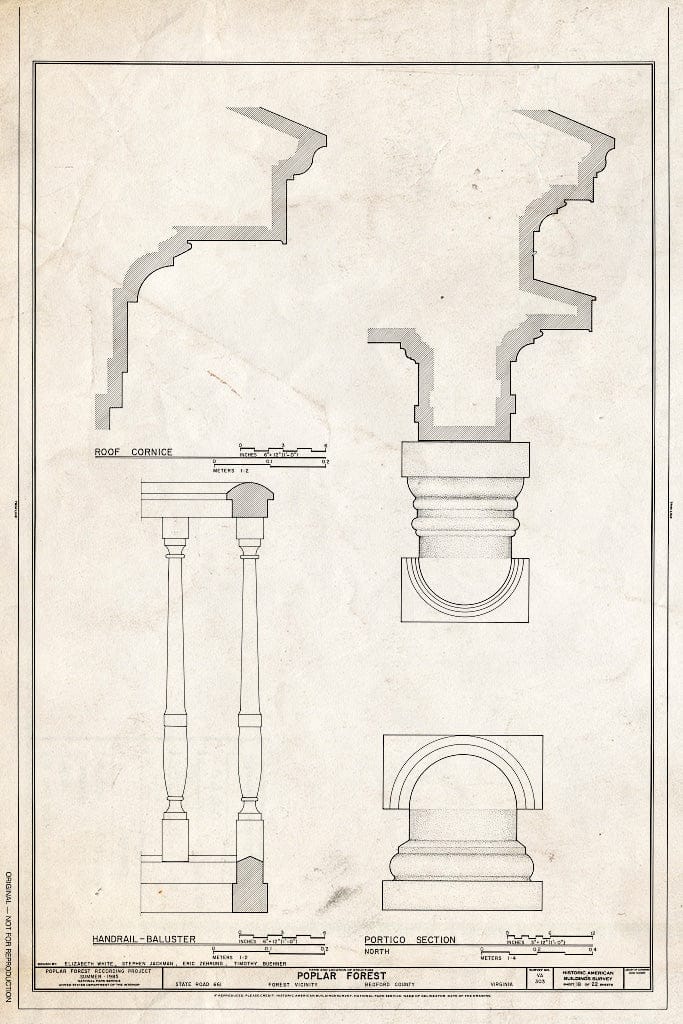 Blueprint 18. Roof Cornice Profile, Baluster handrail, Portico Section - Poplar Forest, State Route 661, Forest, Bedford County, VA