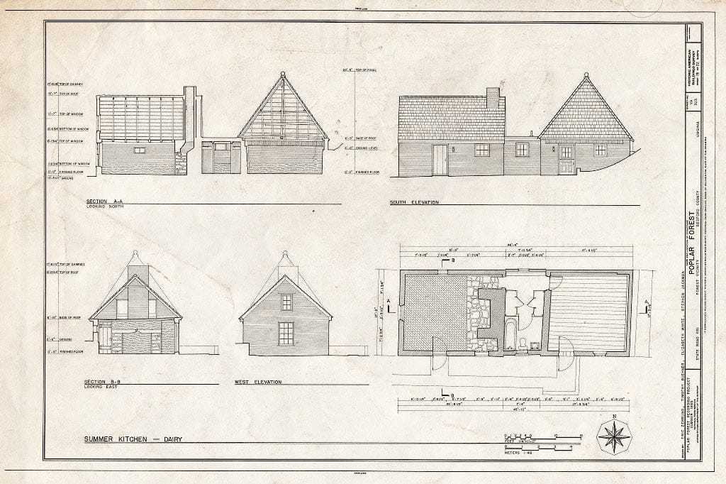 Blueprint 19. Summer Kitchen and Dairy: elevations, Sections, and Plan - Poplar Forest, State Route 661, Forest, Bedford County, VA