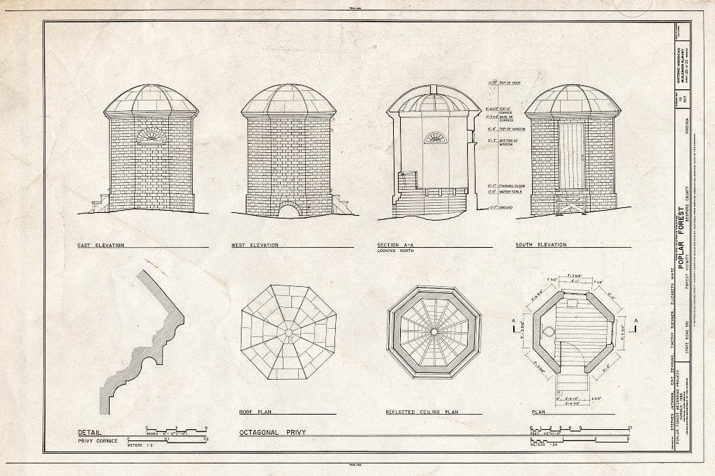 Blueprint 20. Octagonal Privy: elevations, Sections, Plans, and Cornice Detail - Poplar Forest, State Route 661, Forest, Bedford County, VA