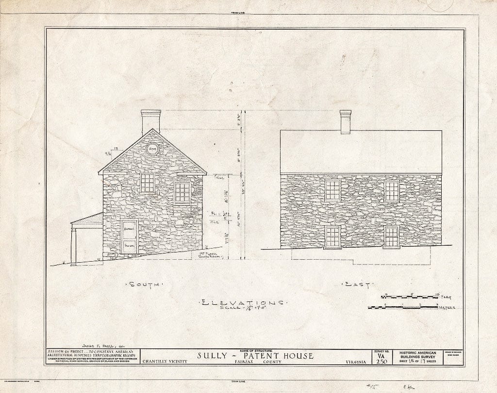 Blueprint 15. Patent House: South and East elevations - Sully, 3650 Historic Sully Way, Chantilly, Fairfax County, VA