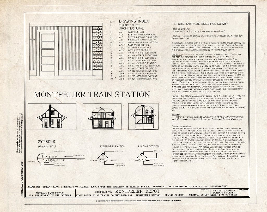 Blueprint Cover Sheet - Montpelier Depot, State Route 20 at Orange County Road 639, Montpelier Station, Orange County, VA