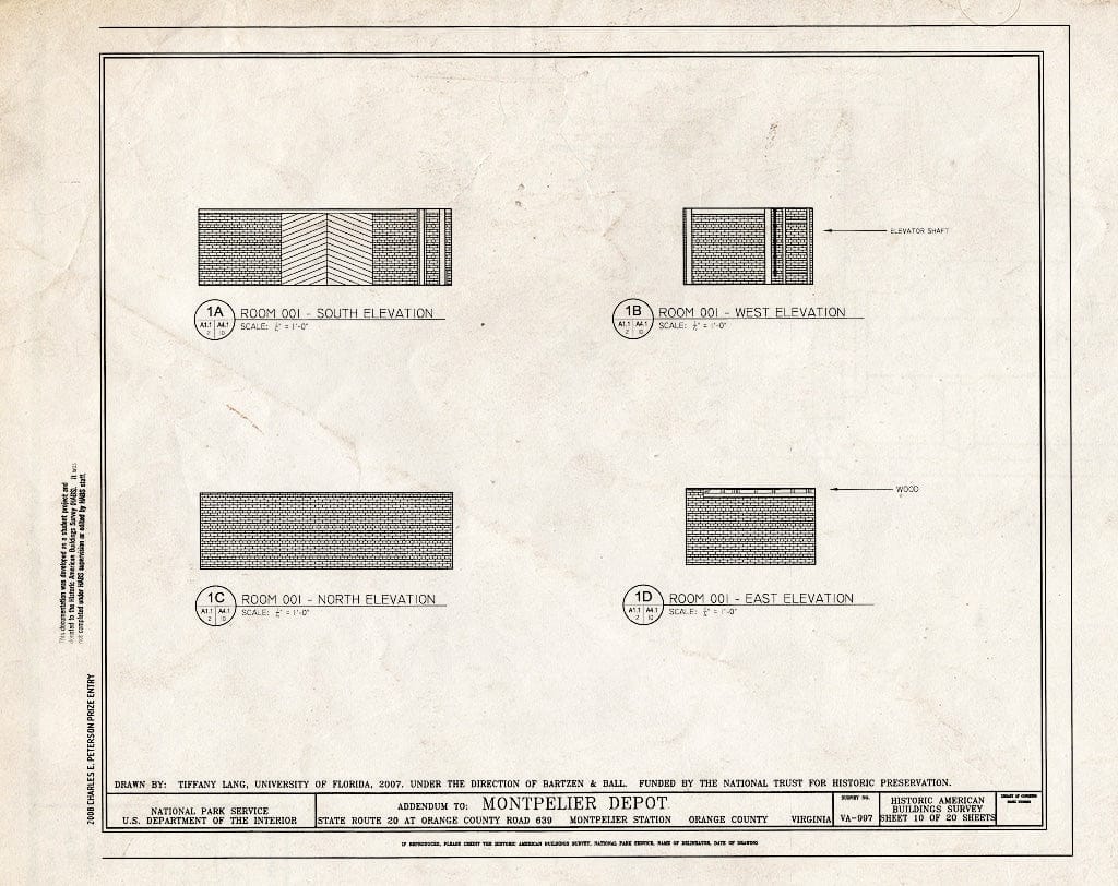 Blueprint Elevations of Room 001 - Montpelier Depot, State Route 20 at Orange County Road 639, Montpelier Station, Orange County, VA