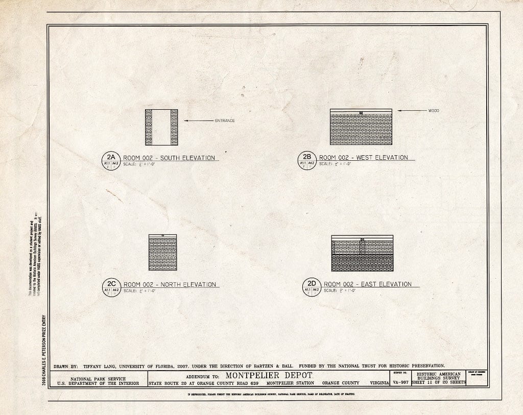 Blueprint Elevations of Room 002 - Montpelier Depot, State Route 20 at Orange County Road 639, Montpelier Station, Orange County, VA