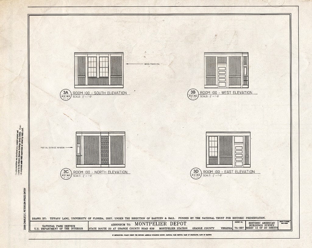 Blueprint Elevations of Room 100 - Montpelier Depot, State Route 20 at Orange County Road 639, Montpelier Station, Orange County, VA