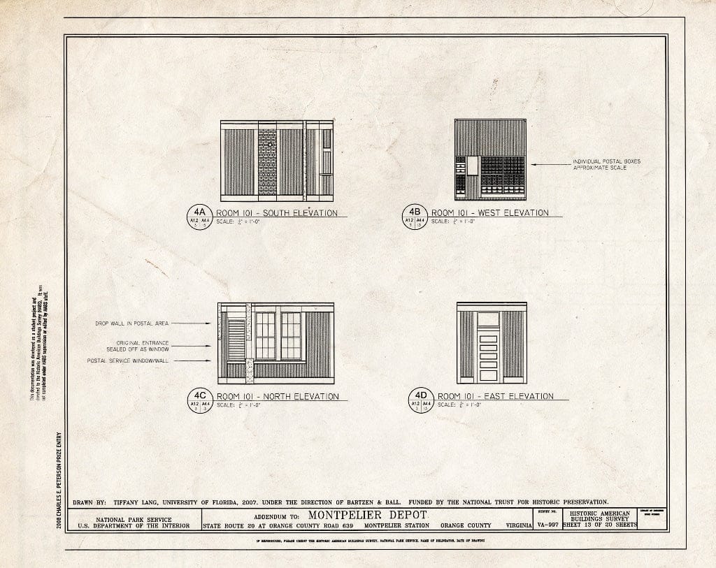 Blueprint Elevations of Room 101 - Montpelier Depot, State Route 20 at Orange County Road 639, Montpelier Station, Orange County, VA