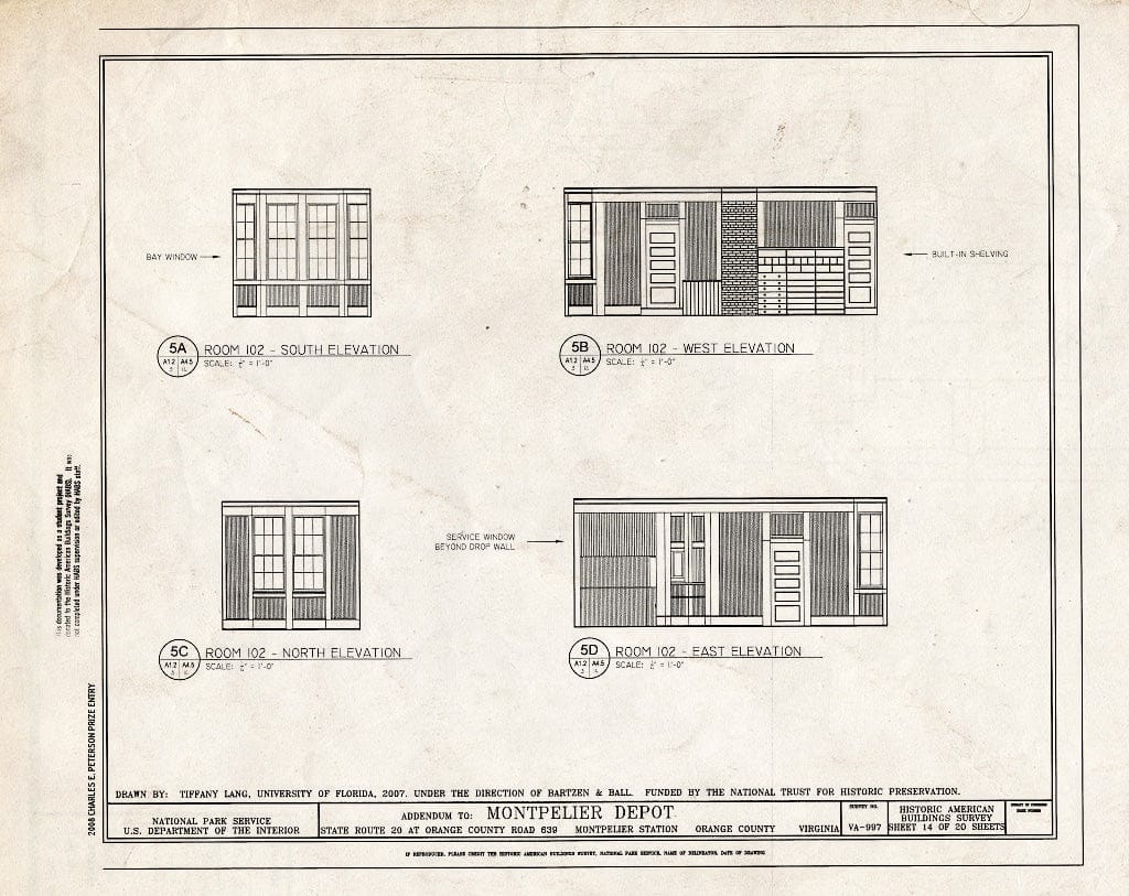 Blueprint Elevations of Room 102 - Montpelier Depot, State Route 20 at Orange County Road 639, Montpelier Station, Orange County, VA