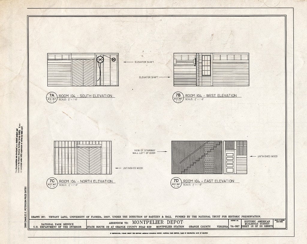 Blueprint Elevations of Room 104 - Montpelier Depot, State Route 20 at Orange County Road 639, Montpelier Station, Orange County, VA