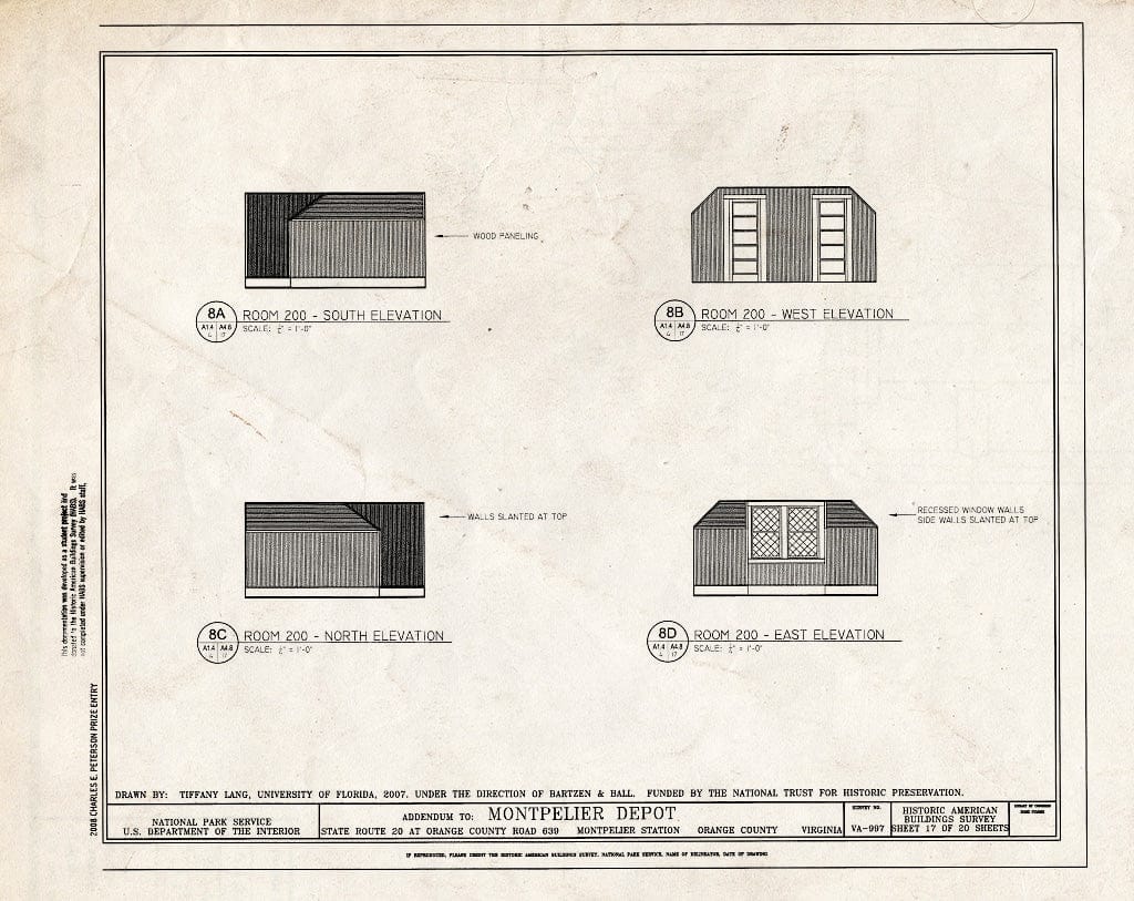 Blueprint Elevations of Room 200 - Montpelier Depot, State Route 20 at Orange County Road 639, Montpelier Station, Orange County, VA