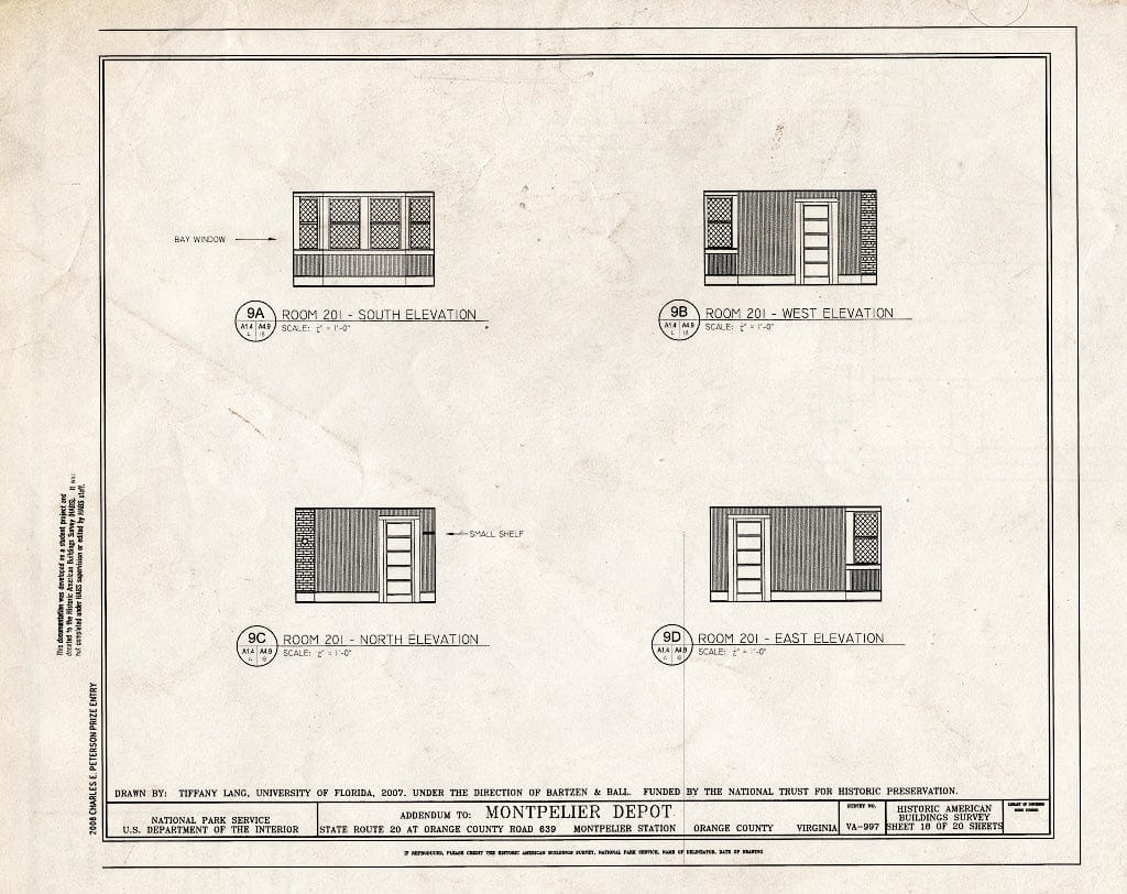 Blueprint Elevations of Room 201 - Montpelier Depot, State Route 20 at Orange County Road 639, Montpelier Station, Orange County, VA