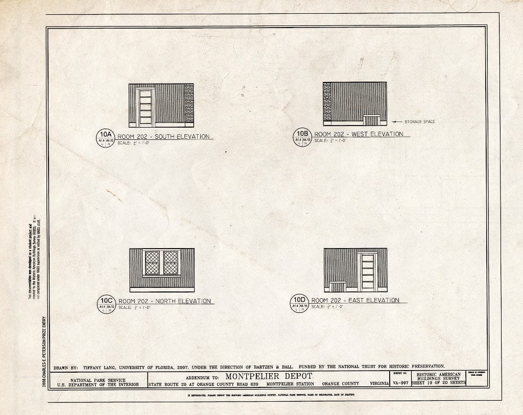 Blueprint Elevations of Room 202 - Montpelier Depot, State Route 20 at Orange County Road 639, Montpelier Station, Orange County, VA