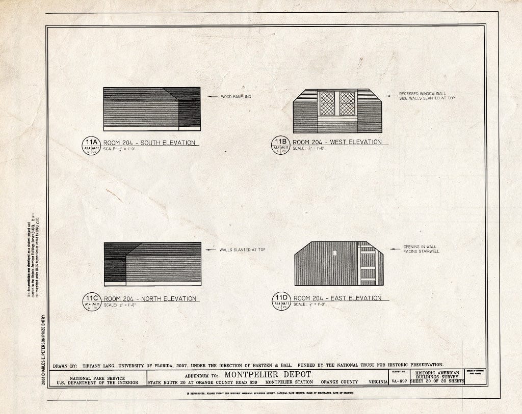 Blueprint Elevations of Room 204 - Montpelier Depot, State Route 20 at Orange County Road 639, Montpelier Station, Orange County, VA