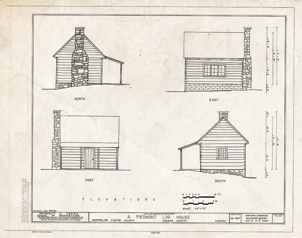 Blueprint Elevations - Piedmont Log House, Near Junction of State Routes 20 & 639, Montpelier Station, Orange County, VA