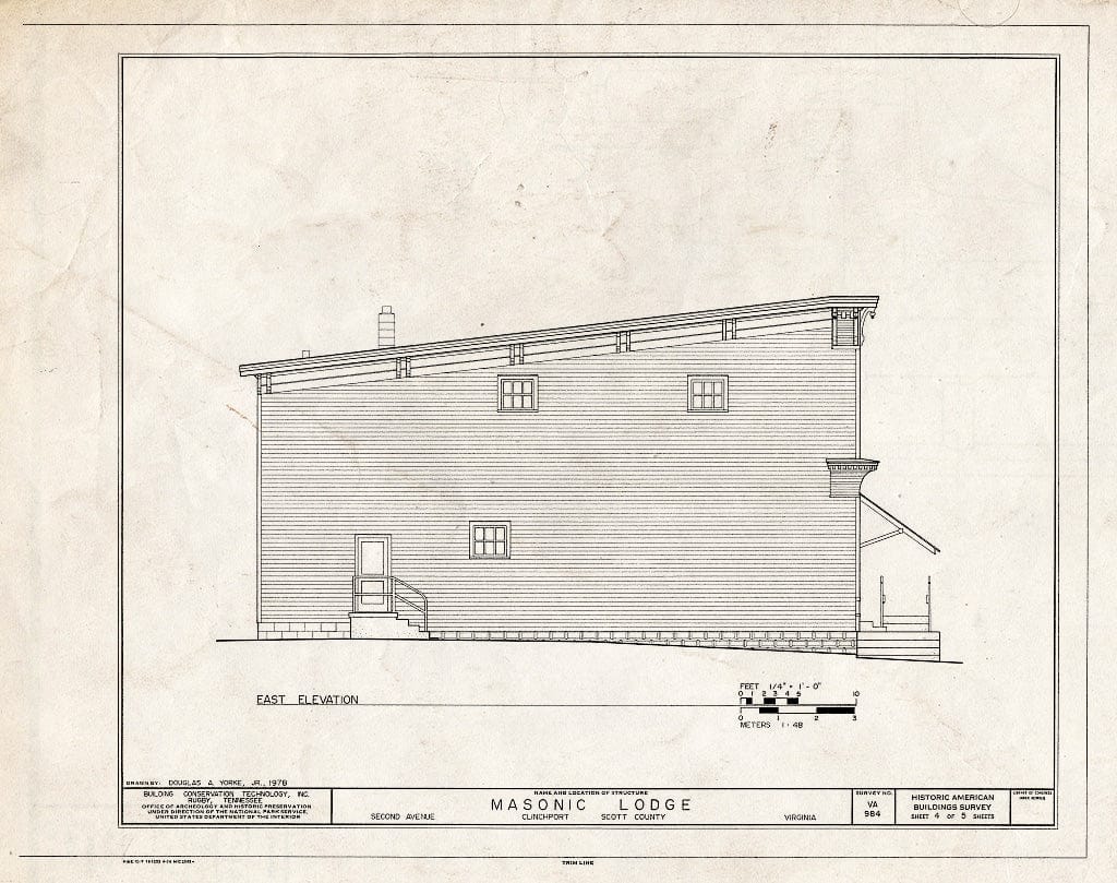 Blueprint East Elevation - Clinchport Masonic Lodge No. 267, Second Avenue, Clinchport, Scott County, VA