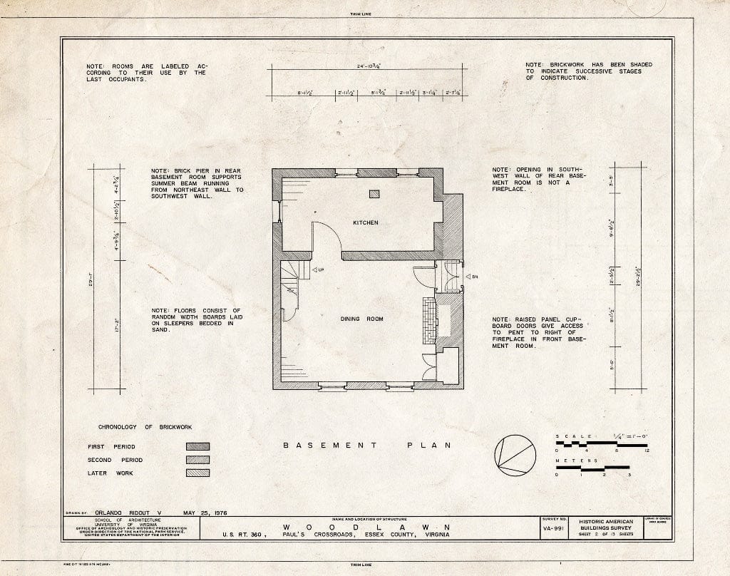 Blueprint Basement Plan Including Kitchen and Dining Room - Woodlawn, U.S. Route 360, Pauls Crossroads, Essex County, VA