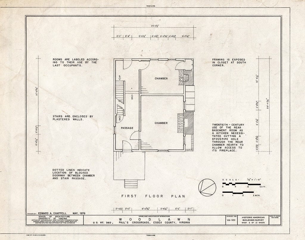 Blueprint First Floor Plan - Woodlawn, U.S. Route 360, Pauls Crossroads, Essex County, VA