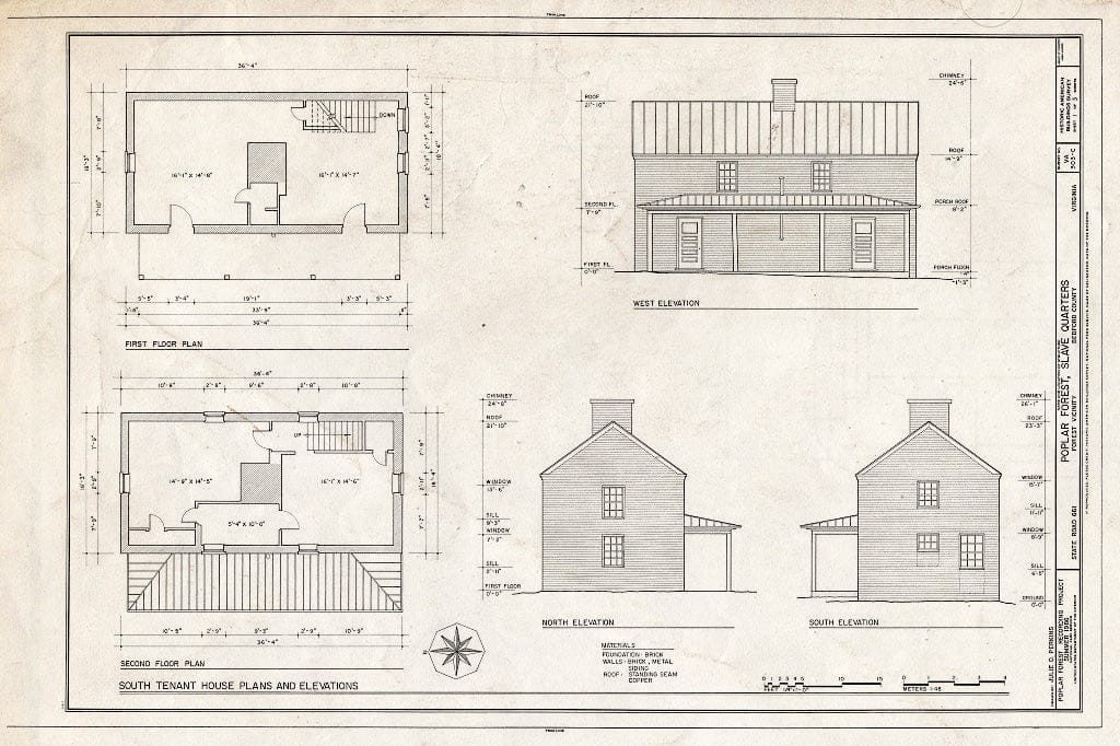 Blueprint 1. South Tenant House Plans and elevations - Poplar Forest, Slave Quarters, State Route 661, Forest, Bedford County, VA