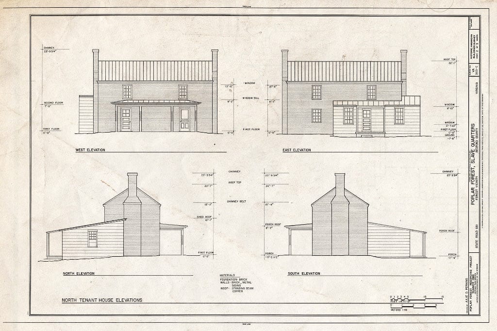 Blueprint 2. North Tenant House elevations - Poplar Forest, Slave Quarters, State Route 661, Forest, Bedford County, VA