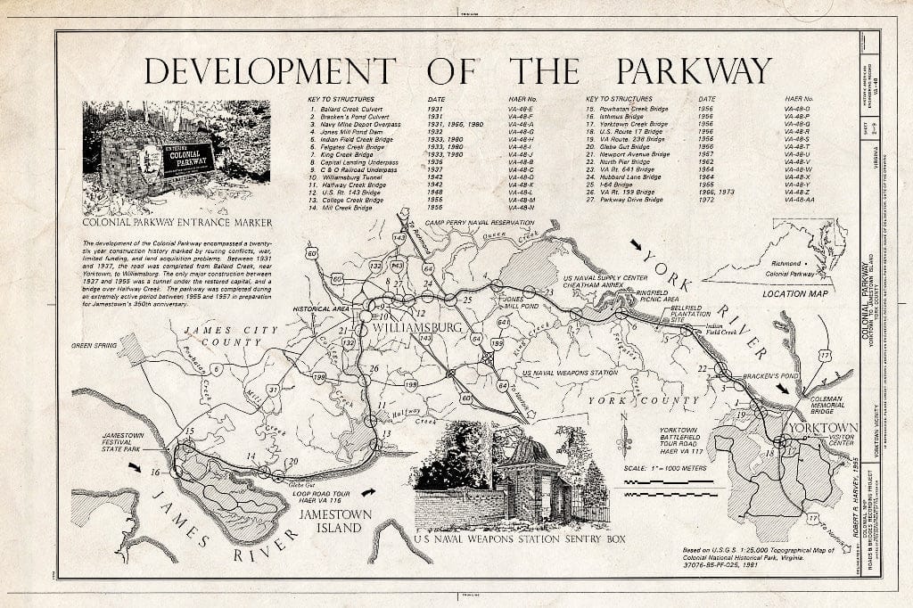 Blueprint 2. Development of The Parkway, site map, Location map, Key to Structures - Colonial Parkway, Yorktown to Jamestown Island, Yorktown, York County, VA