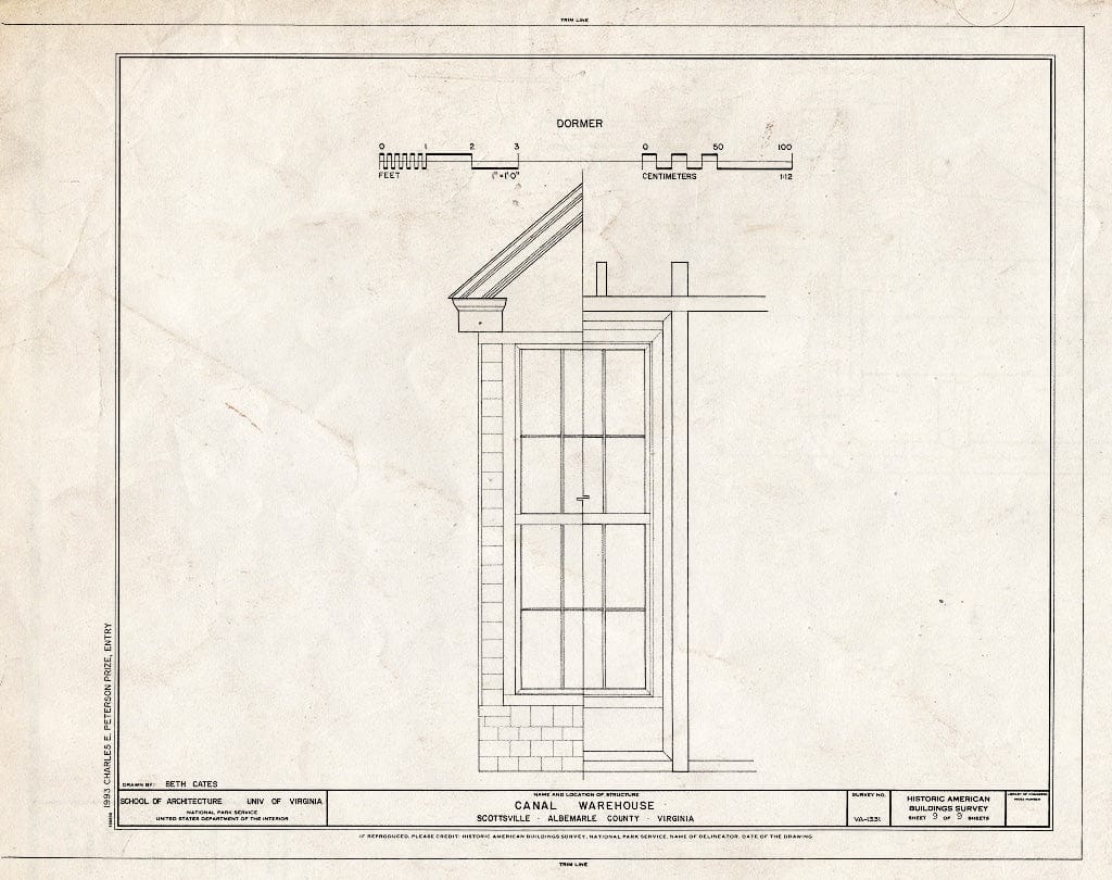 Blueprint Detail of Dormer Window - Canal Warehouse, Scottsville, Albemarle County, VA